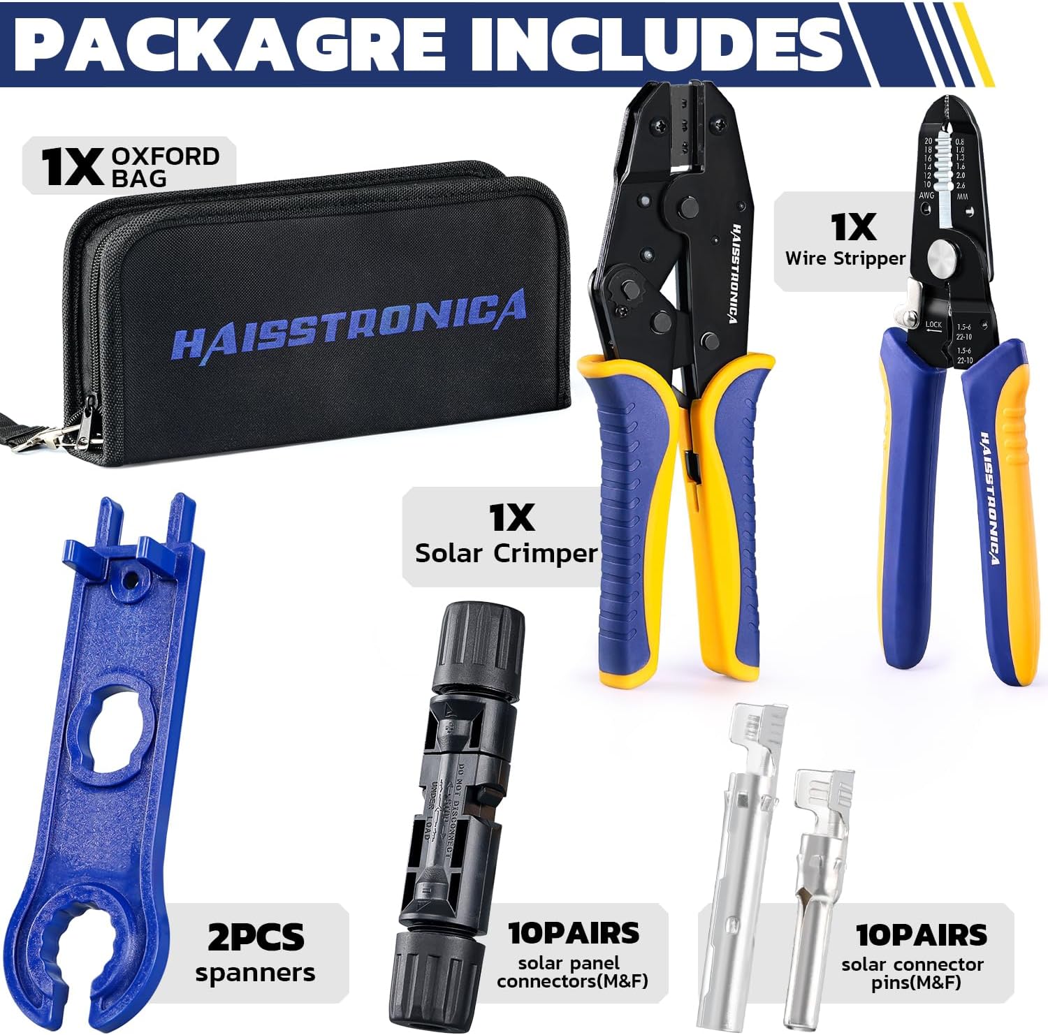 haisstronica 15PCS Solar Crimping Tool Kit, 10 Pairs MC4 Connectors AWG14-10(2.5/4/6mm²) with Stripper and Spanners for Solar Panel PV Cable Installation