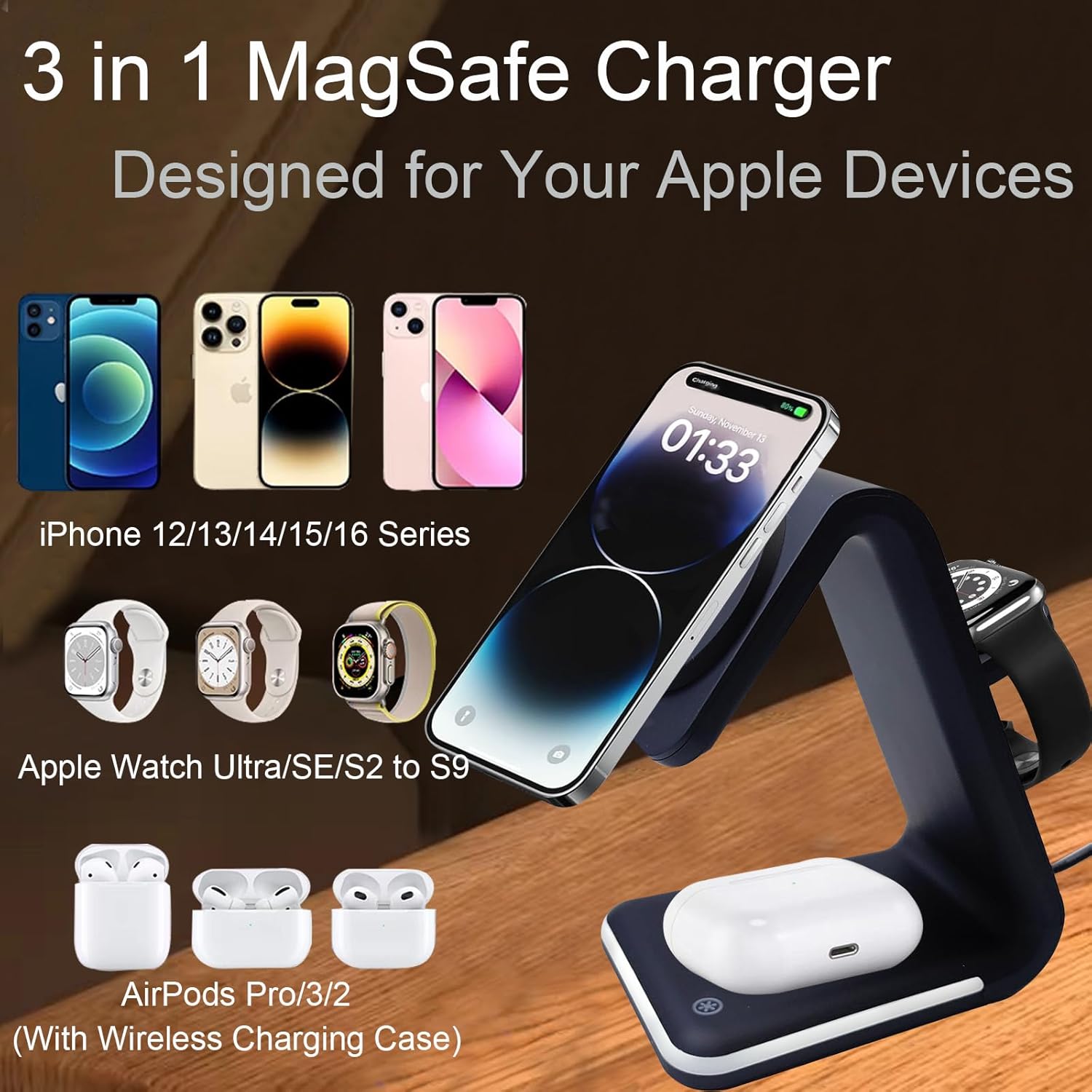 Magnetic Wireless Charger, 3 in 1 Charging Station with Nightlight, for Apple Magsafe iPhone 16/15/14/13/12, iWatch Series, AirPods Charger Stand(15W Adapter)
