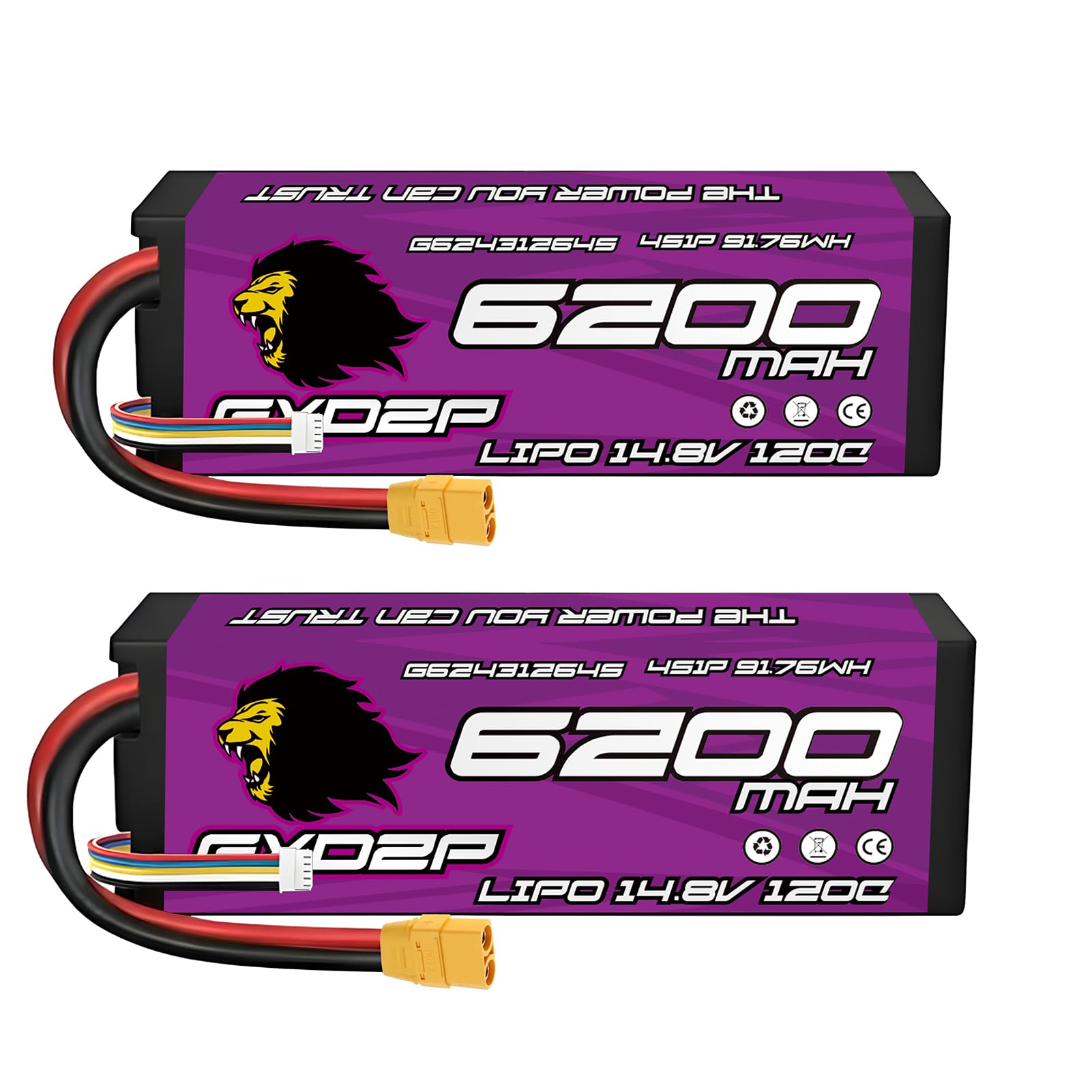 Lot 2 Batteries LiPo 4S 6200mAh 14,8V 120C XT90 Pack Double Haute Performance Longue Autonomie Boîtier Rigide pour Voiture Course Buggy Truggy Camion RC 1/10 1/8 Échelle Télécommandé