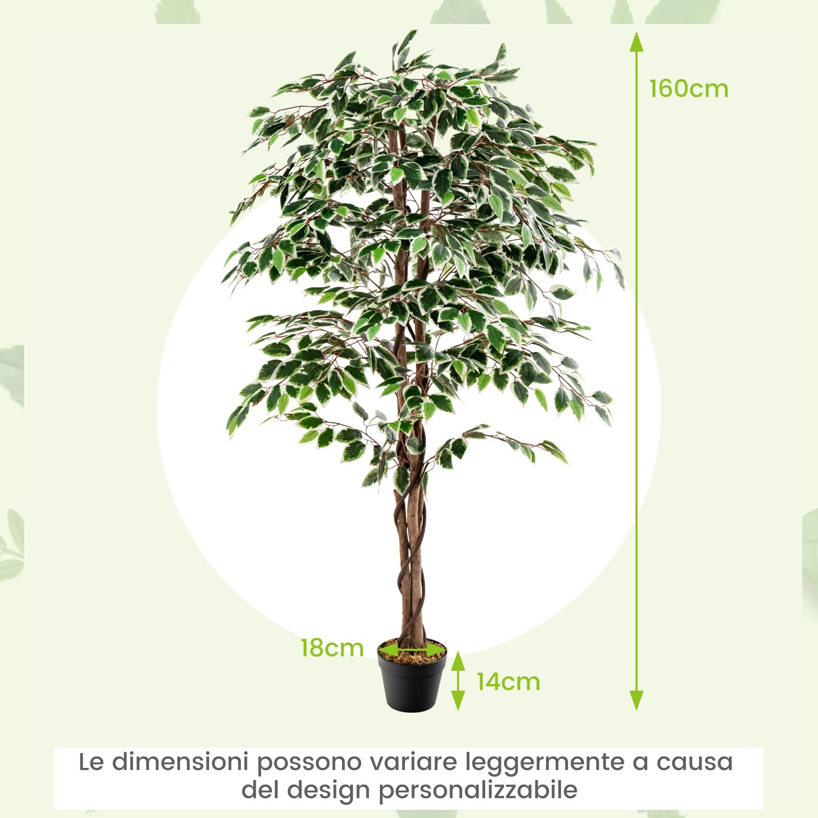 COSTWAY Albero di Fico Artificiale 160 CM, Pianta Finta da Interno con 1008 Foglie, Tronco Naturale in Legno, Vaso Robusto, Muschio Secco, Albero Finto per Casa, Ufficio, Soggiorno, Portico
