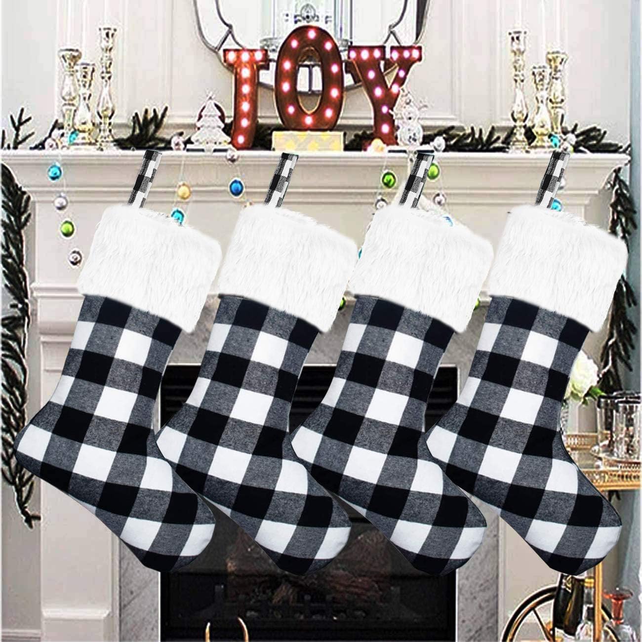 Senneny Christmas Stockings- 4 Pack 18" Buffalo Plaid Christmas Stockings with Plush Faux Fur Cuff, Classic Large Christmas Stockings Decorations for Family Christmas Holiday Party (Black and White)