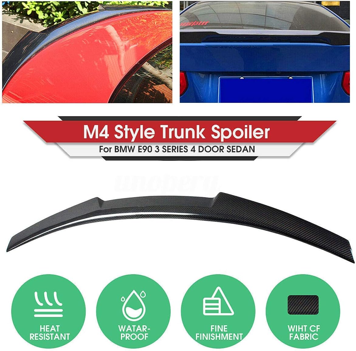 NO7RUBAN M4 Style Trunk Spoiler Wing Compatible with 2008-2012 BMW E90 M3 Sedan & 2006-2011 E90 3 Series Sedan Carbon Fiber Style