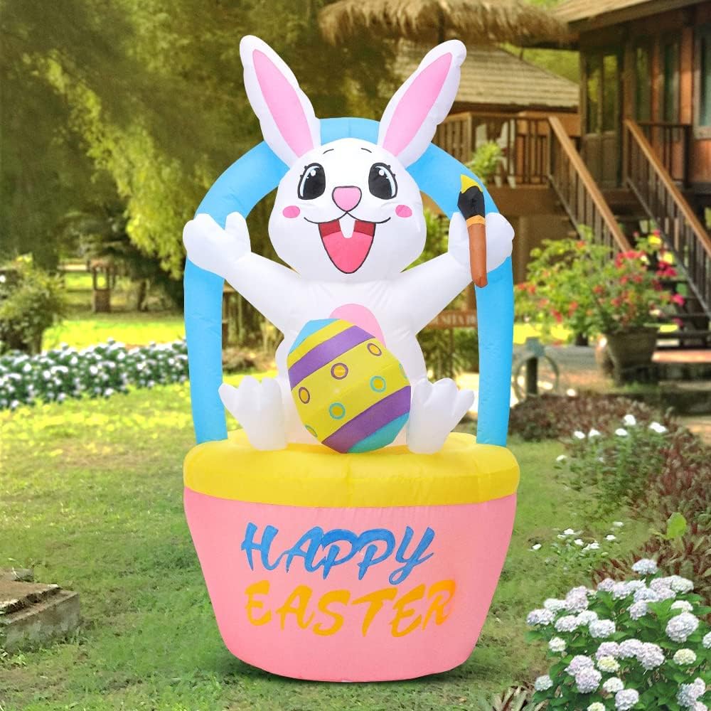 KOOY 6 FT Easter Inflatable Decoration Bunny Sitting on Flower Basket,Built in LED Lights Holiday Blow Up Yard Decoration for Easter Party,Indoor,Outdoor,Garden,Yard Lawn : Everything Else