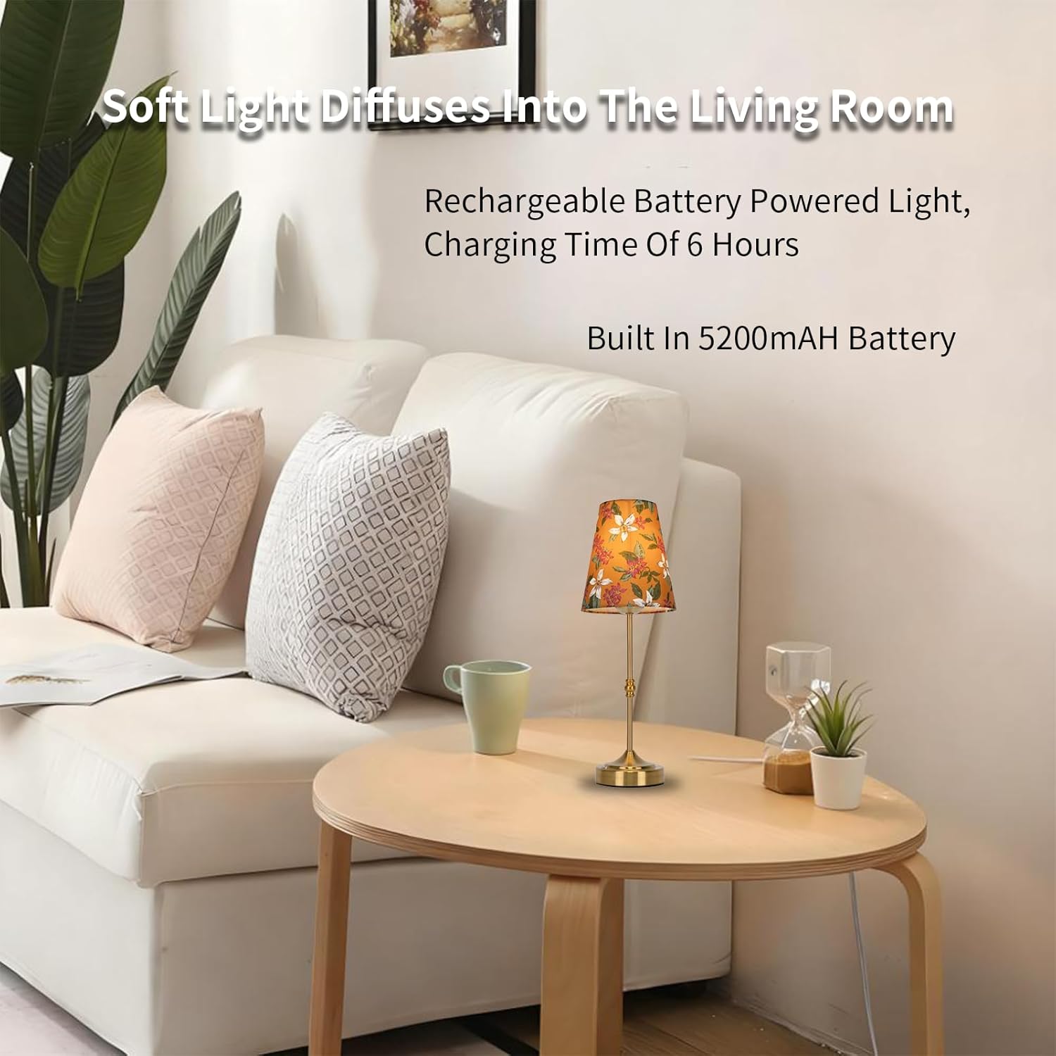 T 50 Rechargeable Table Lamp with Floral Fabric Shade, 3 - Level Warm Light, 24 - Hour Runtime - Ideal Desk Lamp & Reading Lamp for Home, Metal, Antique Bronze