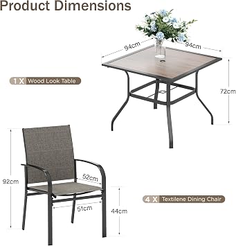 PHI VILLA Garden Table and Chair Set 4 Outdoor Patio Furniture Set Brown