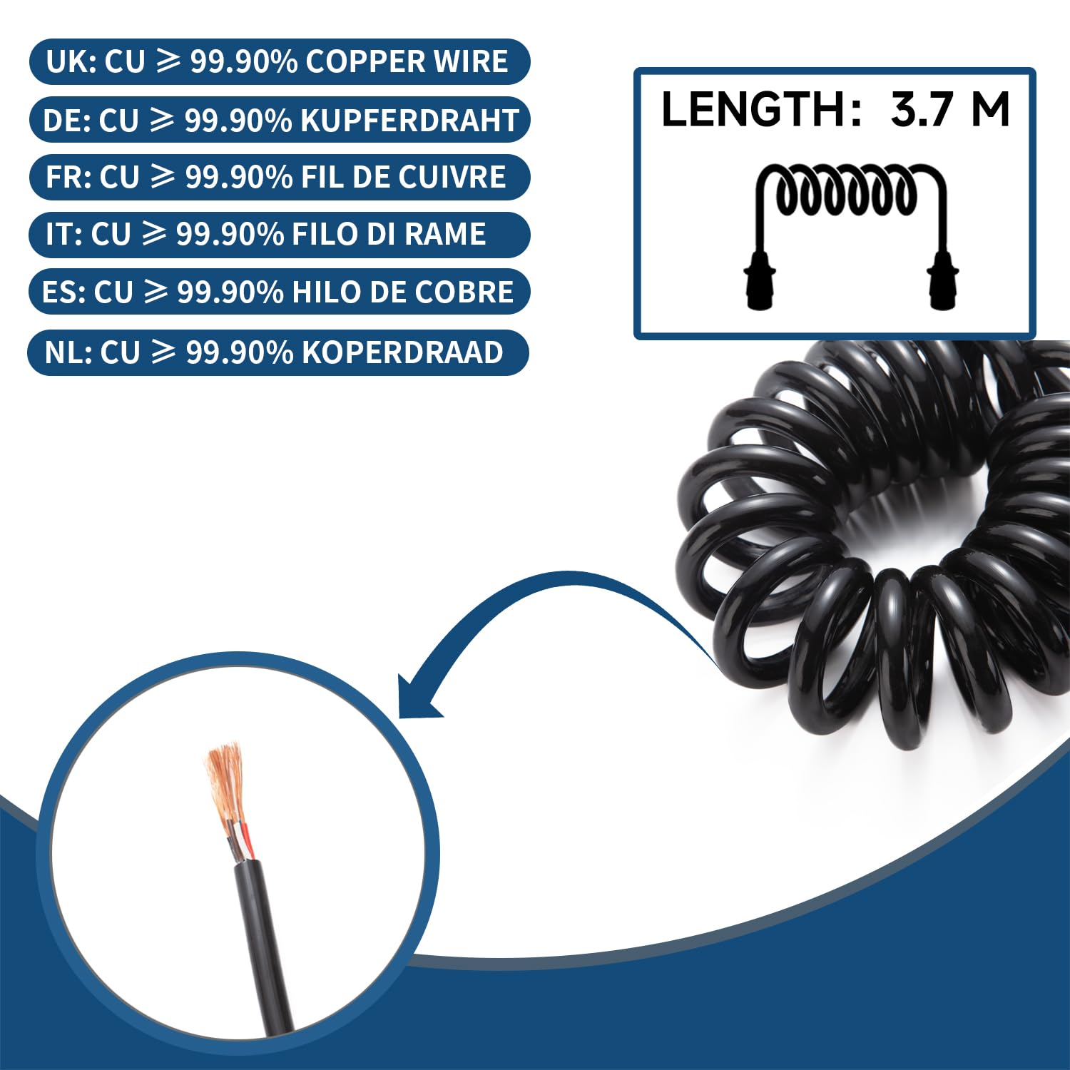 3,7 Mètres Rallonge Spirale Câble Remorque 7 Broches, Norme ISO 1724, Prise Remorque 7 Broches Male a Femelle, Câble Cuivre Pur, pour Véhicules Européens Remorque Yacht Porte-Vélos 12V/24V
