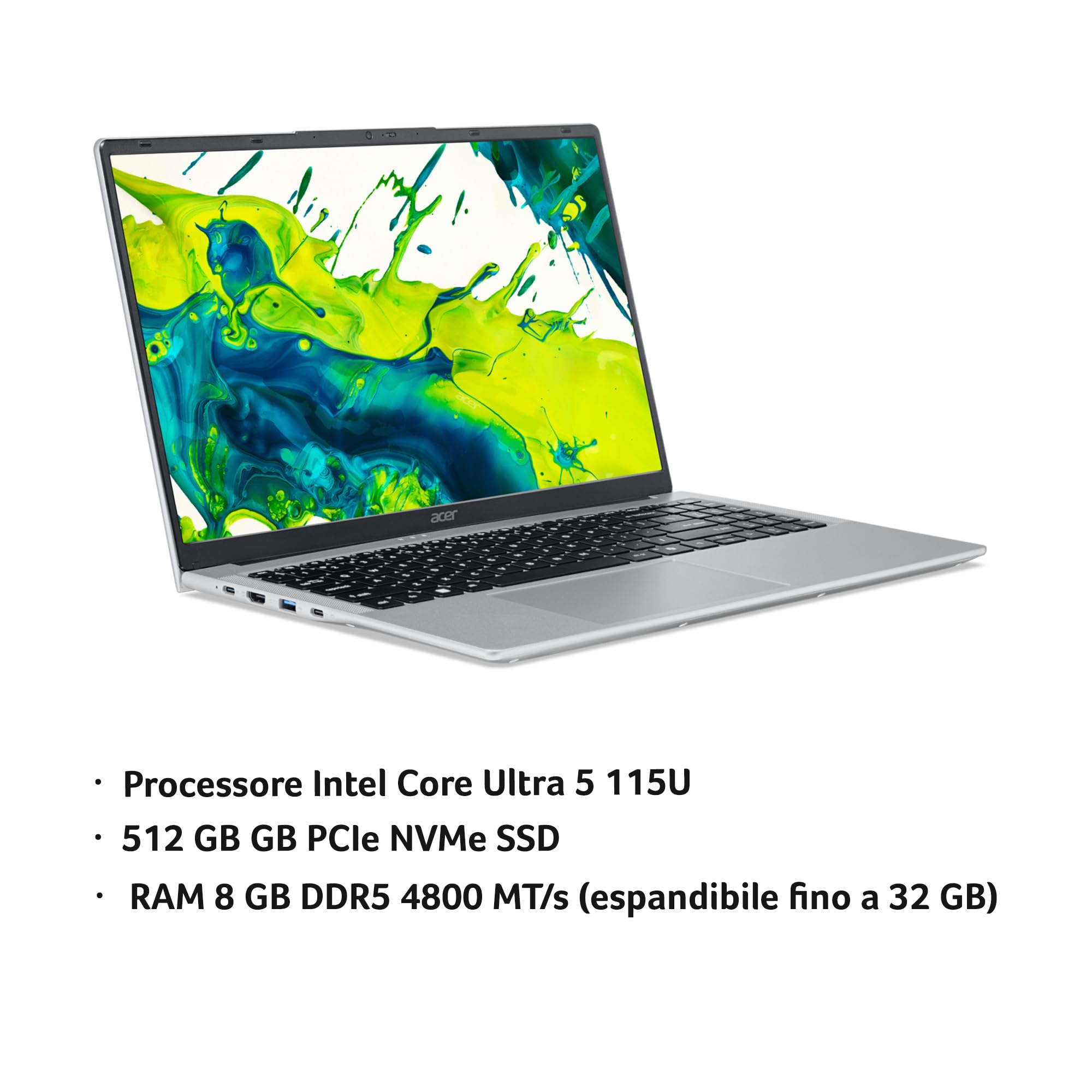 Acer Aspire Lite AL15-54P-536H Notebook PC Portatile 15.6" FHD IPS | Intel Core Ultra 5 115U, RAM 8 GB DDR5, 512 GB SSD, Scheda Grafica Intel, Windows 11 Home, QWERTY, Silver
