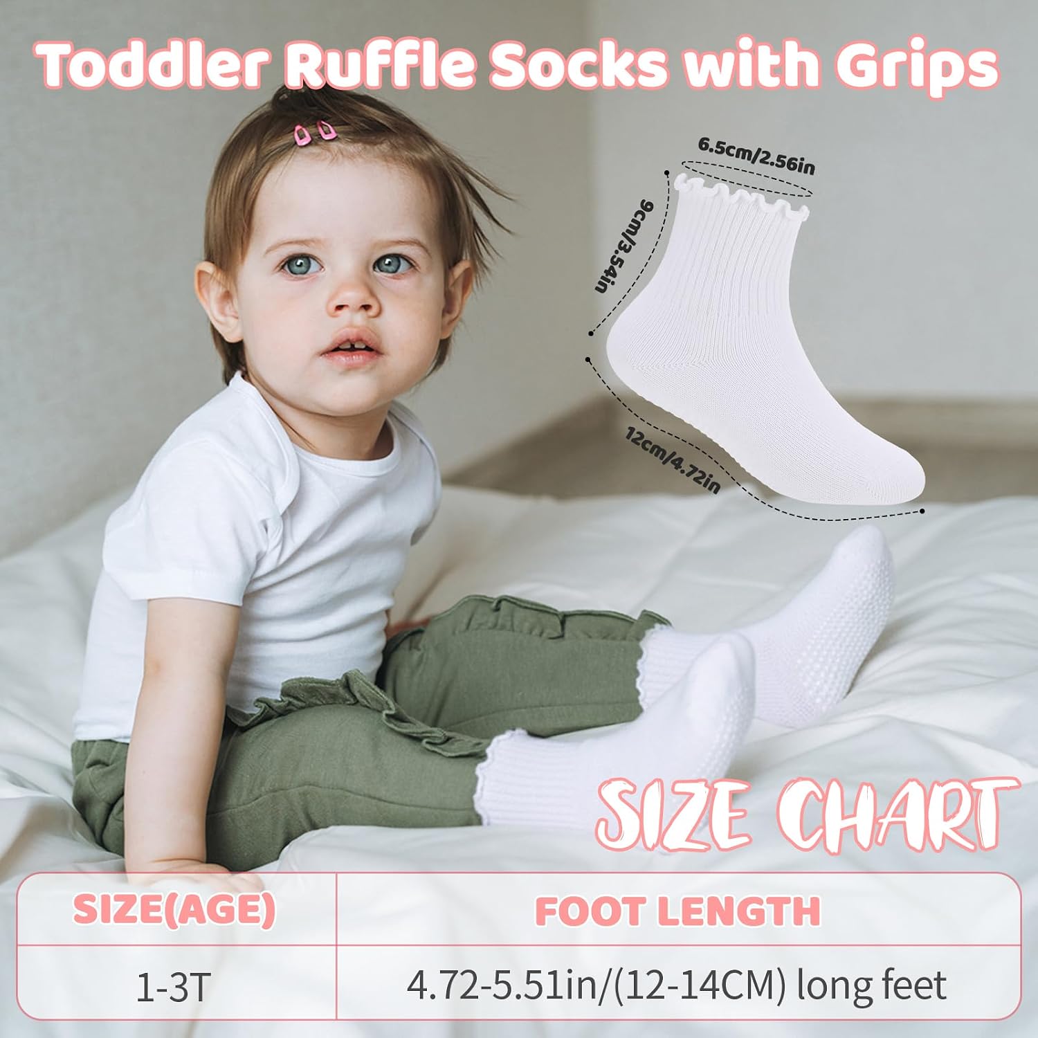 6/12 Pairs Non Slip Toddler Ruffle Socks for Girls Cotton Frilly Socks with Grips for 1-3 Years Girls