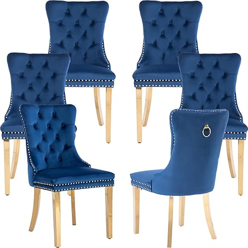 Miniatura 10 de Juego de 2 sillas de comedor modernas de mediados de siglo, sillas de cocina tapizadas en terciopelo color azul marino, sillas para cocina y 042