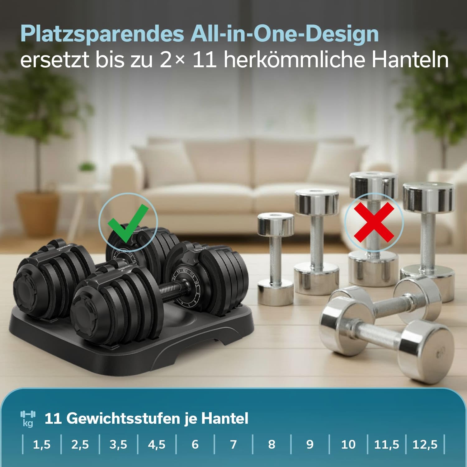 Skandika Zestaw hantli Paino | 2 x hantle regulowane, 11 stopni, 1,5 do 12,5 kg, krótkie hantle typu All-in-One, szybka zmiana ciężarów, kompaktowe, regulowane hantle do domu, fitnessu