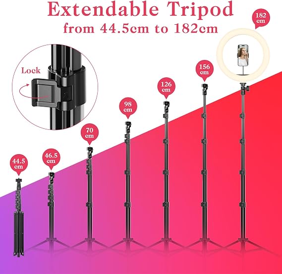 Ring Light with Tripod Stand & Phone Holder Tall 182 cm, 10 inch LED Ringlight Selfie Cicle Light Desk with Remote & Phone Clip for Camera, Video, Makeup, YouTube, TikTok