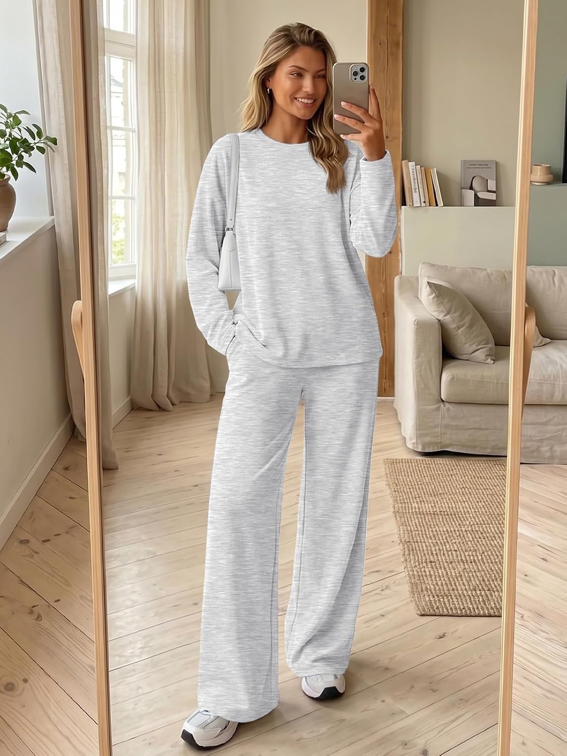 Trendy Queen Womens 2 Piece Lounge Sets Oversized Long Sleeve Tops & Wide Leg Pant with Pockets
