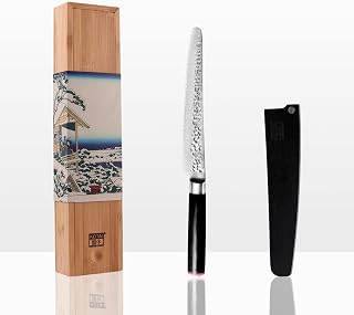 KOTAI Brotmesser| Messer mit Wellenschliff | 20-cm-Klinge | Von Hand gehämmert und geschärft | Ultrascharfer 440C-Edelstahl | Pakkaholzgriff, versteckte Vollseide