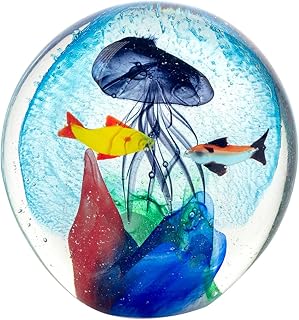 ROCKING GIFTS Pisapapeles Bola de Cristal Medusas con Peces en Azul, Adorno Decorativo Elegante de Sobremesa para Escritorio de Despacho, Oficina, Entrada Recibidor, 11 cm