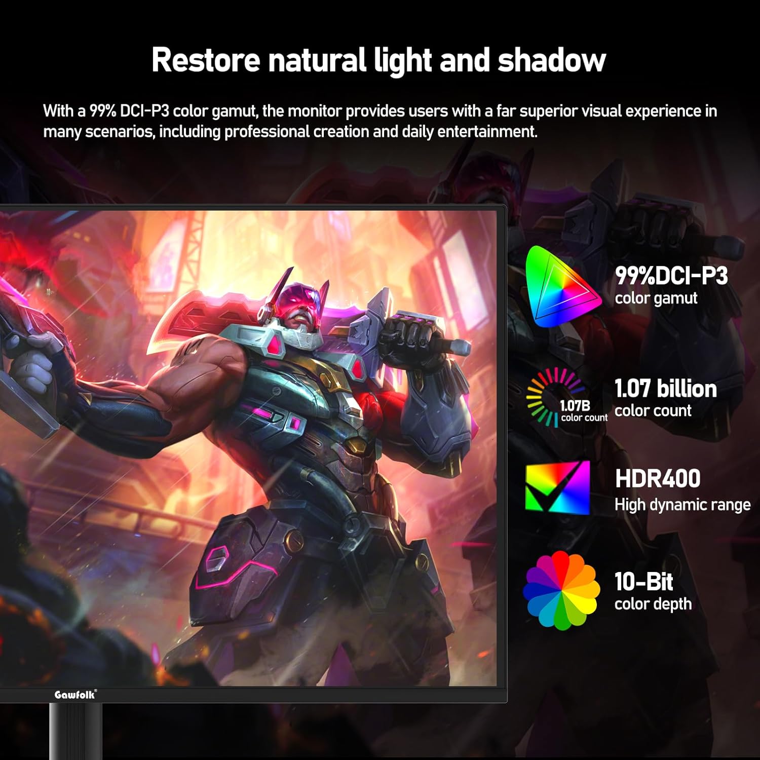 Gaming scene on monitor with icons for 99% DCI-P3 color gamut, 1.07 billion color count, HDR400, and 10-Bit color depth.