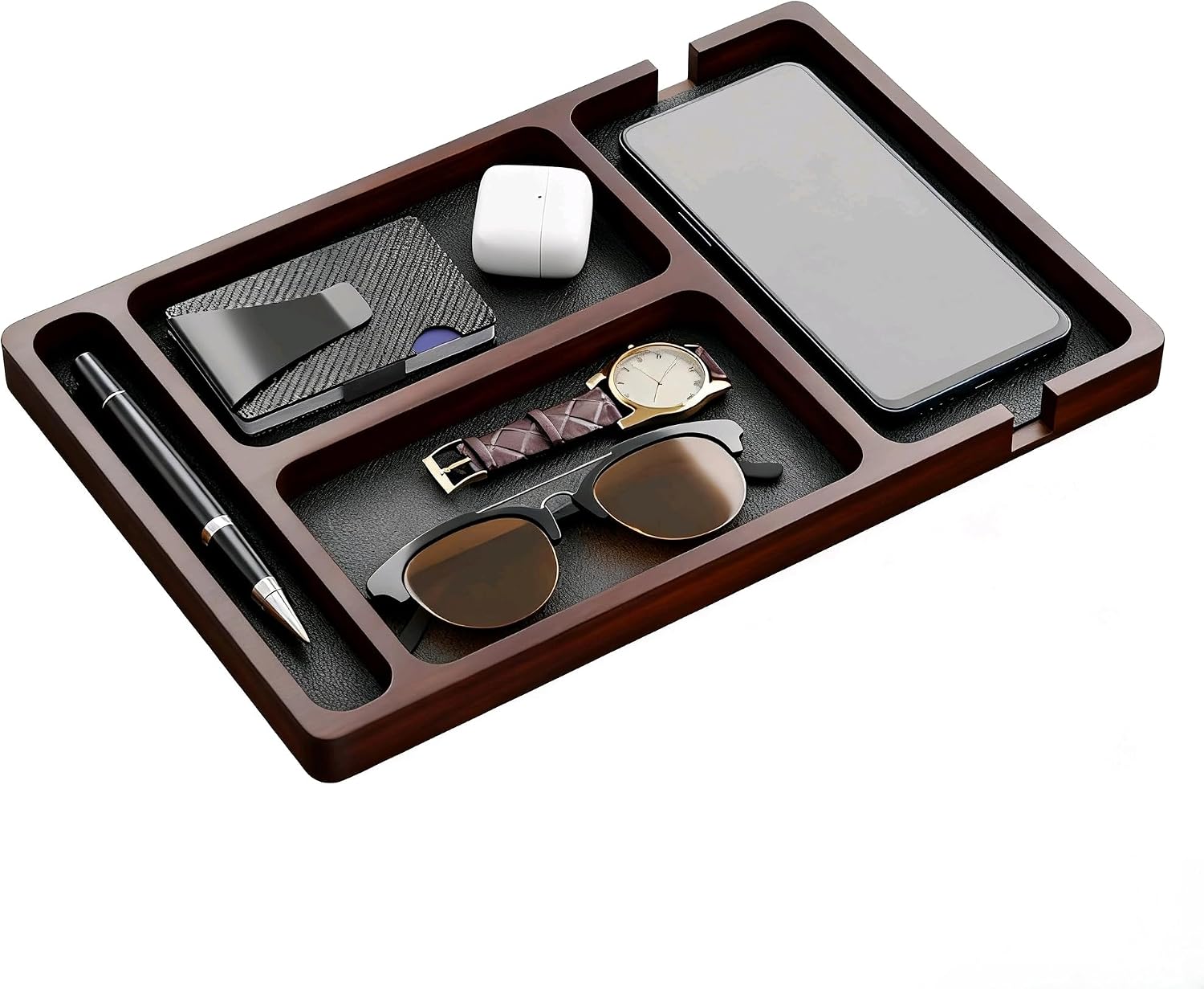 Wooden Valet Tray with Leather Inlay - Key and Wallet Tray, Wooden Jewelry Tray - Nightstand Desk Organizer for EDC Essentials (Keys, Phone, Wallet, Watch, Earbuds) (wood)