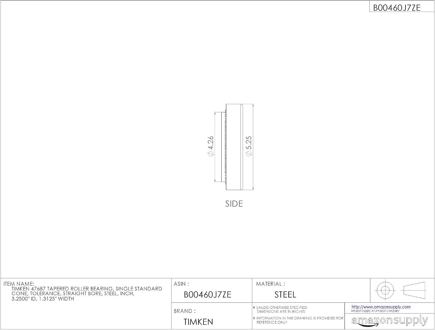 Timken 47687 Tapered Roller Bearing, Single Cone, Standard Tolerance, Straight Bore, Steel, Inch, 3.2500" ID, 1.3125" Width