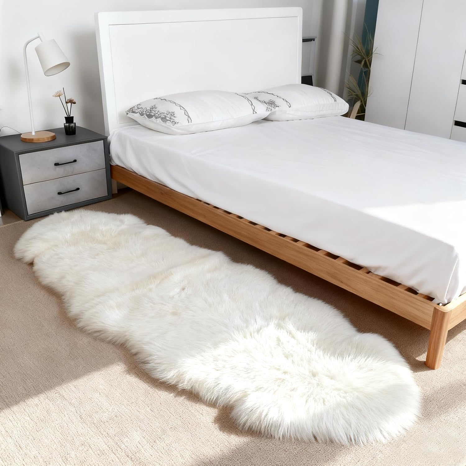 Genuine Sheepskin Rug with Little Patches | Premium Ivory White Fluffy Sheep Skin Carpet for Bedroom Fireplace | Soft Wool Throw Blanket for Elder, Pet | Luxurious Fur Rug for Chair, Sofa, 2FT×6FT