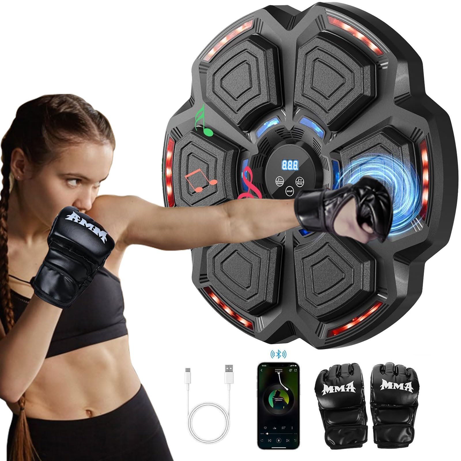 Music Boxing Machine, LED Musik Boxmaschine Unterstützt Bluetooth mit Boxhandschuhen, 9 Geschwindigkeitsmodi, 9 Trainingsmodi, Zählmodus, für Erwachsene und Kinder