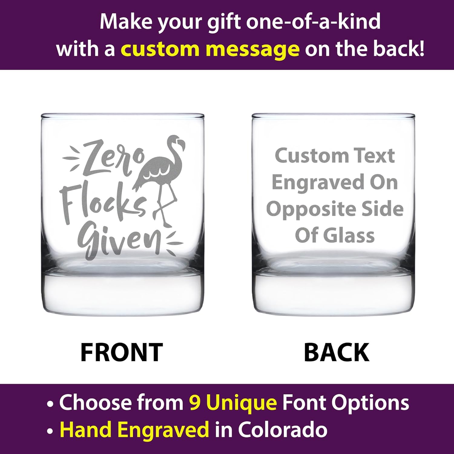 Custom Zero Flocks Given - Funny Flamingo Personalized Whiskey Rocks Glass - Bird Gifts for Men & Women - Fun Whisky Tumbler Decor