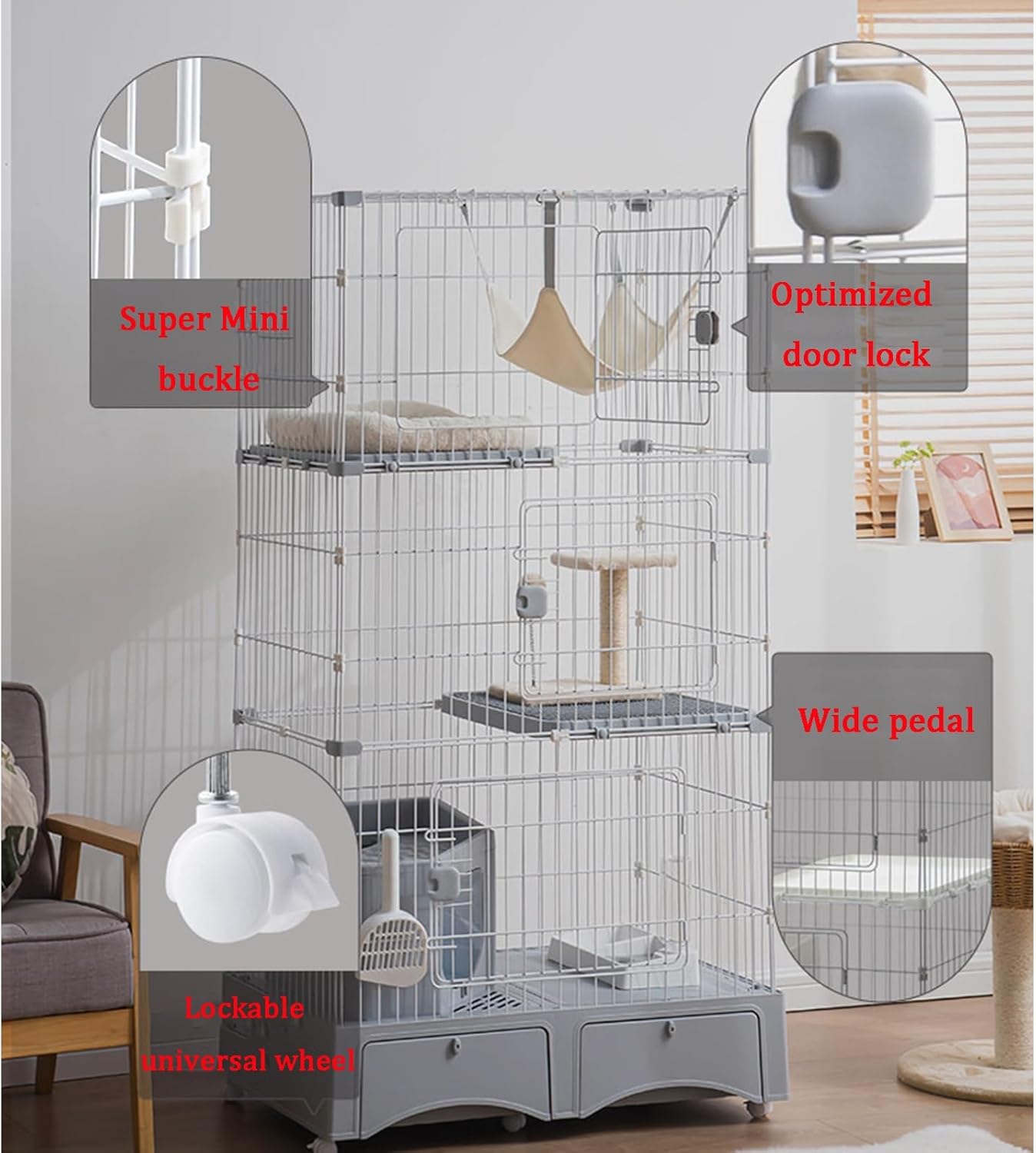 Cat Playpen, Integrated design Cat Enclosures, with litter box, Lockable universal Wheels, Large 2/3-layer Cat Cage, Furniture for kittens to climb and play(White,32.2x61.8)
