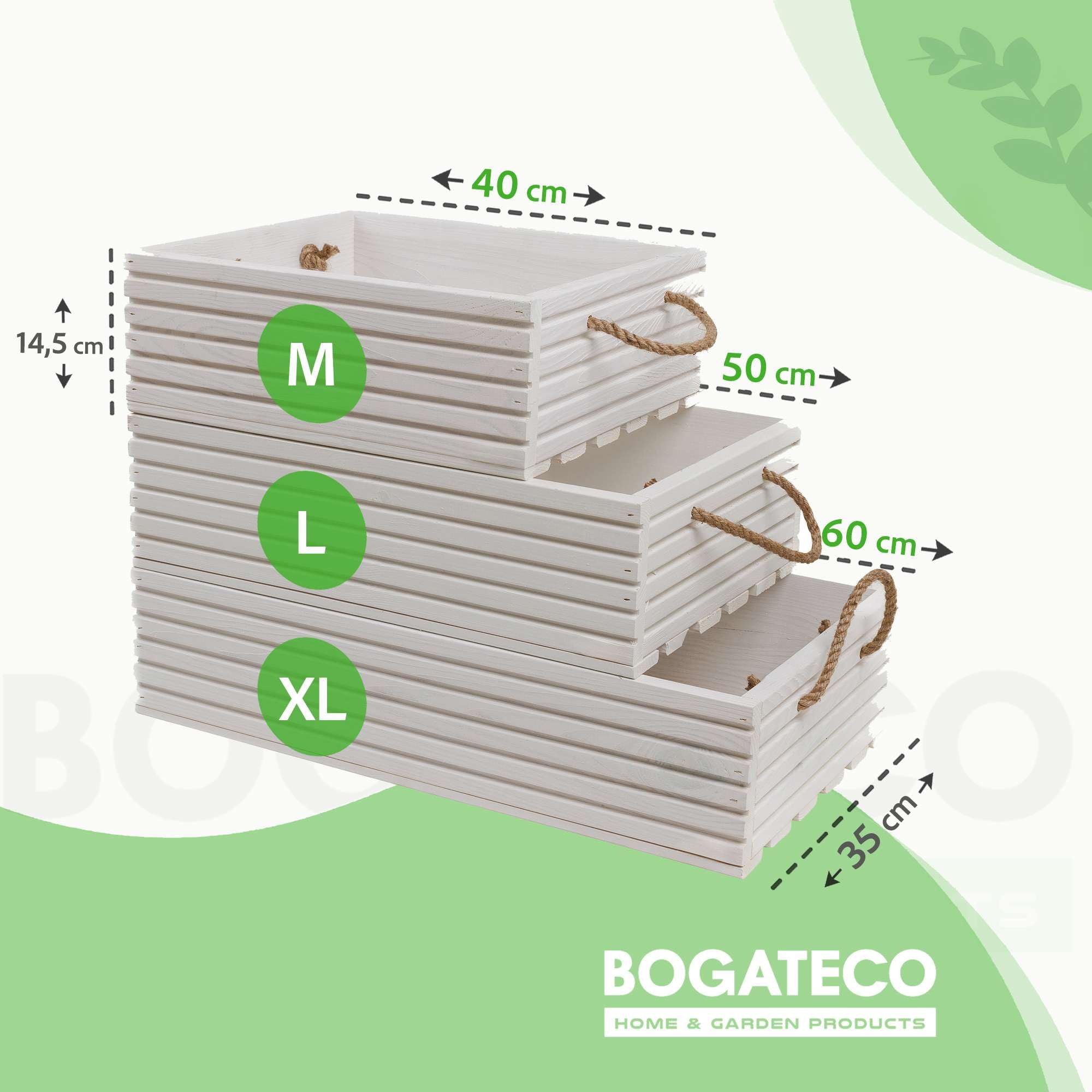 BOGATECO Caja de madera natural | 60 cm x 35 cm x 14,5 cm | Clásico-Natural | Caja de almacenamiento | Blanco