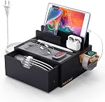 Pezin & Hulin Bamboo Charging Station with Lined Tray & Drawer, Desktop Dock Organizer USB Wall Charger, Compatible with Tablet, Cell Phone, Earbuds, Smartwatch, and More