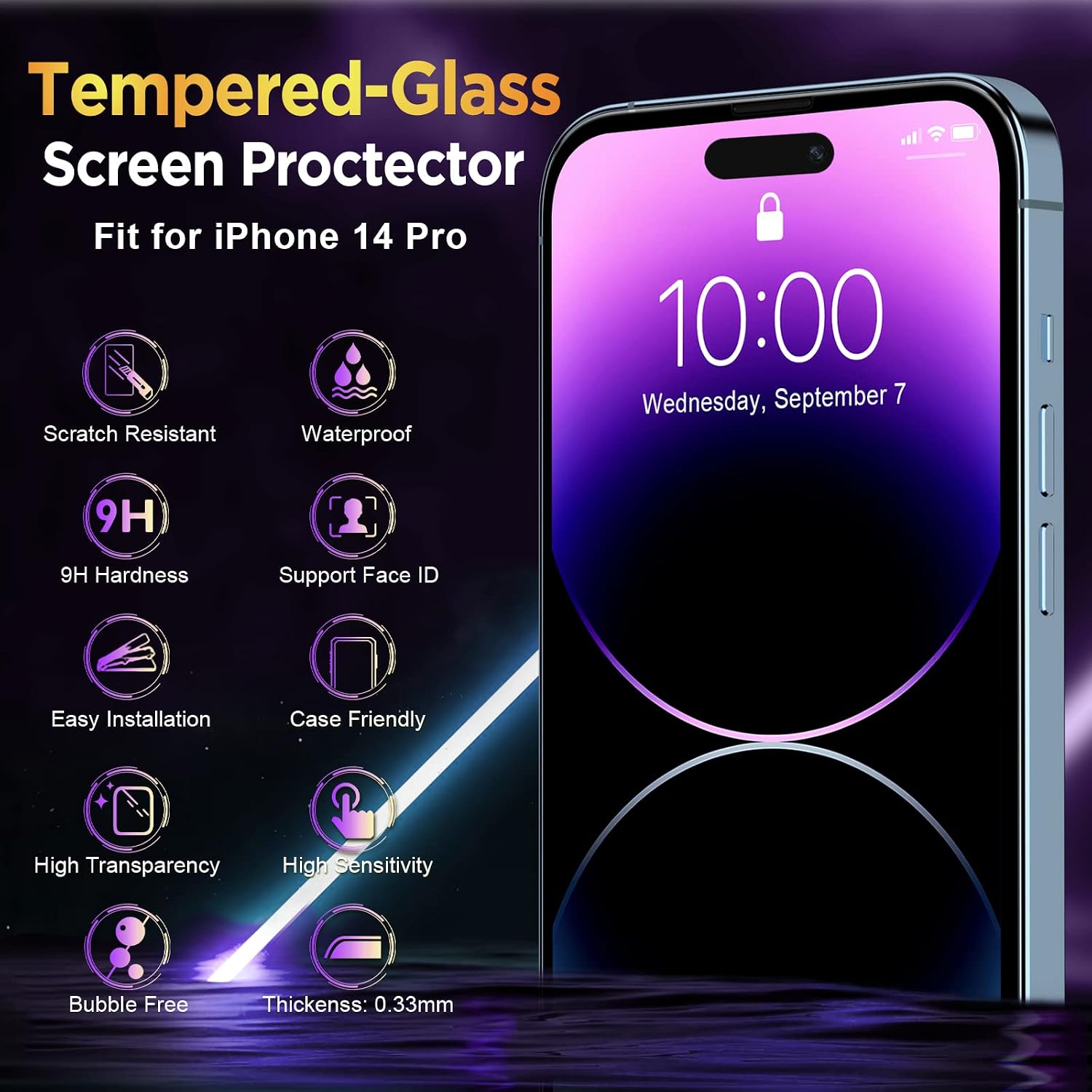 NatuBeau 3 Pack Screen Protector Compatible with iPhone 14 Pro, iPhone 14 Pro Screen Protector Tempered Glass, 6.1 inch, 9H Hardness, Scratch Resistant, Case Friendly