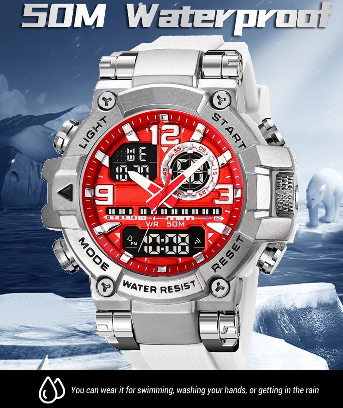 findtime Mens Watch Sport Waterproof Watches Colorful Digital Analog Wrist Watch Military Tactical Outdoor Big Face Watches Unique Wristwatch with LED Stopwatch Countdown Alarm Dual Time - Image 3