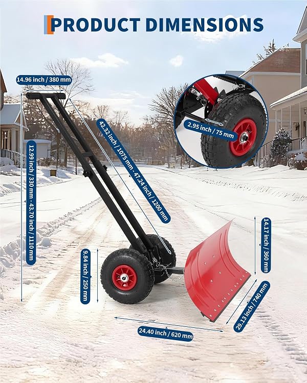 Wheeled Snow Plow Shovel, 14.2" H Heavy-Duty Steel Red Blade with Double Handle, 5 Angles, 2 Wheels, Back Saver Pusher for Snow Removal on Driveway, Sidewalks and Doorways by ExploreHorizon - Image 2