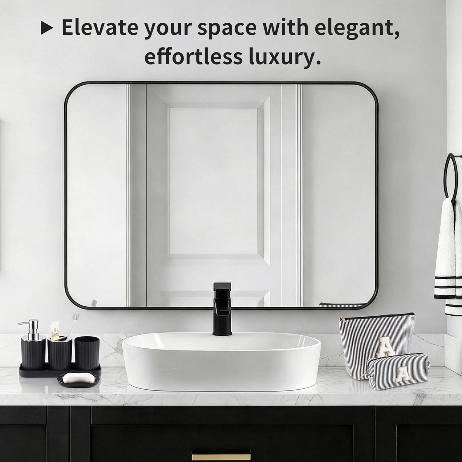 Bathroom Accessories Set, 11PCS Black Bathroom Accessory Set with Shower Curtain, Trash Can, Makeup Bag, Soap Dispenser and Dish, Toilet Brush, Toothbrush Holder, Tumbler Cup, Q-tip Holders for Decor