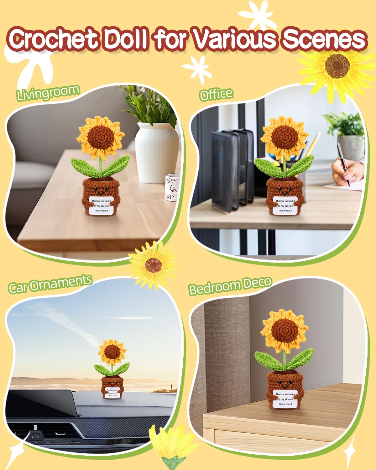 1pcs Knitted Flowers Sunflower Gifts for Women Handmade Knitted Planters with Card Crochet Gifts Birthday Gifts for Women Mom Family Friend Teacher Coworker Xmas Party（Thank）