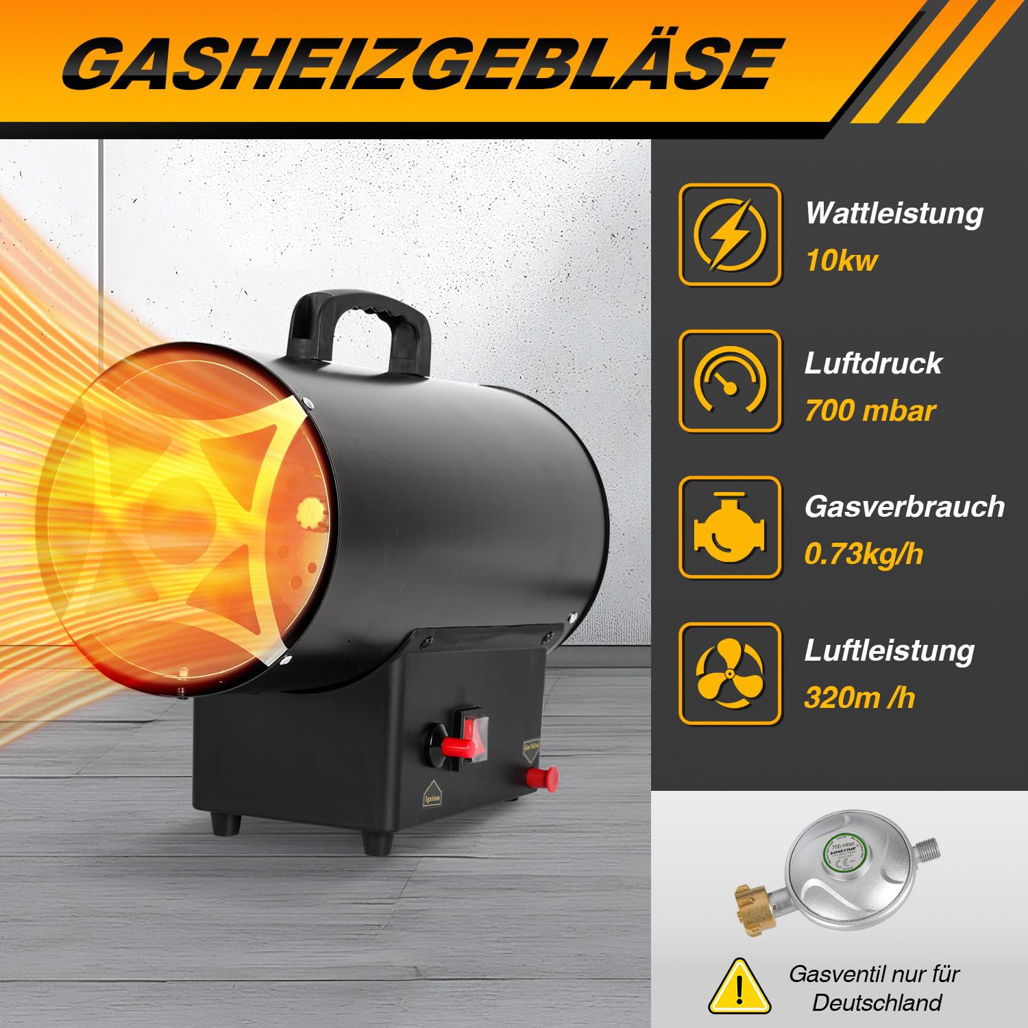Gasheizgebläse 10KW, Gasheizer Luftdurchsatz Luftdurchsatz 320 m³/h, Heizkanone inkl. Gasschlauch, Druckminderer & Überhitzungsschutz