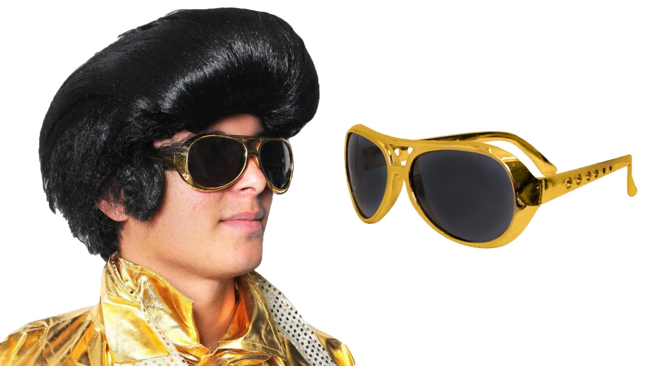 King of Rock Zubehör-Set für Erwachsene, 3 Stück, schwarze Quiff-Perücke mit Koteletten und goldfarbener Sonnenbrille, Rock-n-Roll-Musiker-Zubehör-Set für Herren, 1950er-Jahre