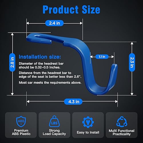 Miniatura 6 de Amooca - Gancho para reposacabezas de asiento de coche, 4 unidades, organizador de almacenamiento universal para bolso de mano, abrigo, ajuste Azul