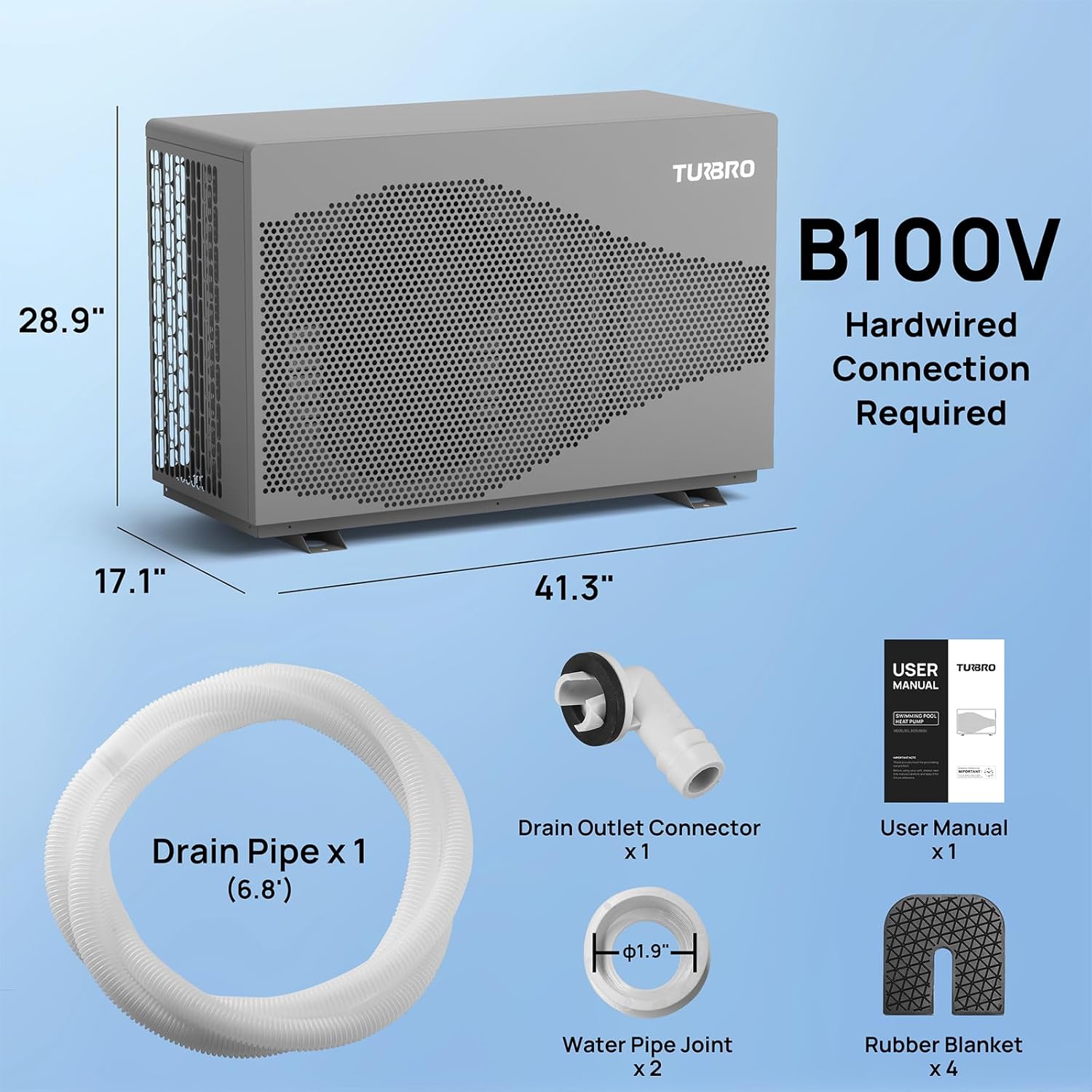 TURBRO 95,563 BTU DC Inverter Swimming Pool Heat Pump, WiFi Control Electric Pool Heater for Inground Pools up to 26,000 Gal, Up to 15.8 COP, 220-240V, for Light Commercial Use, Beluga B100V