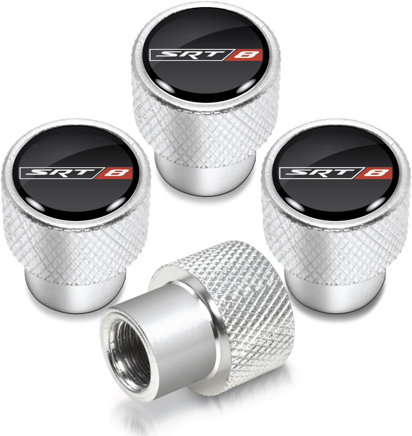 iPick Image for SRT-8 in Black on Shining Silver Aluminum Tire Valve Stem Caps for Dodge Jeep