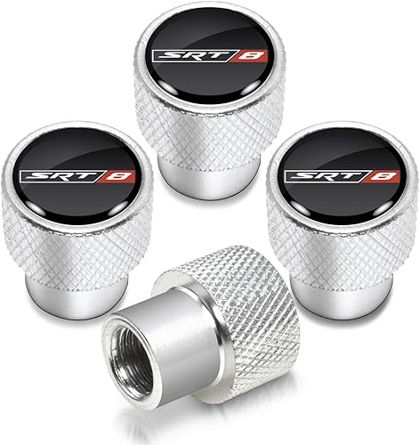 iPick Image Para SRT-8 en negro sobre brillante aluminio plateado tapas de vástago de válvula de neumático para Dodge Jeep