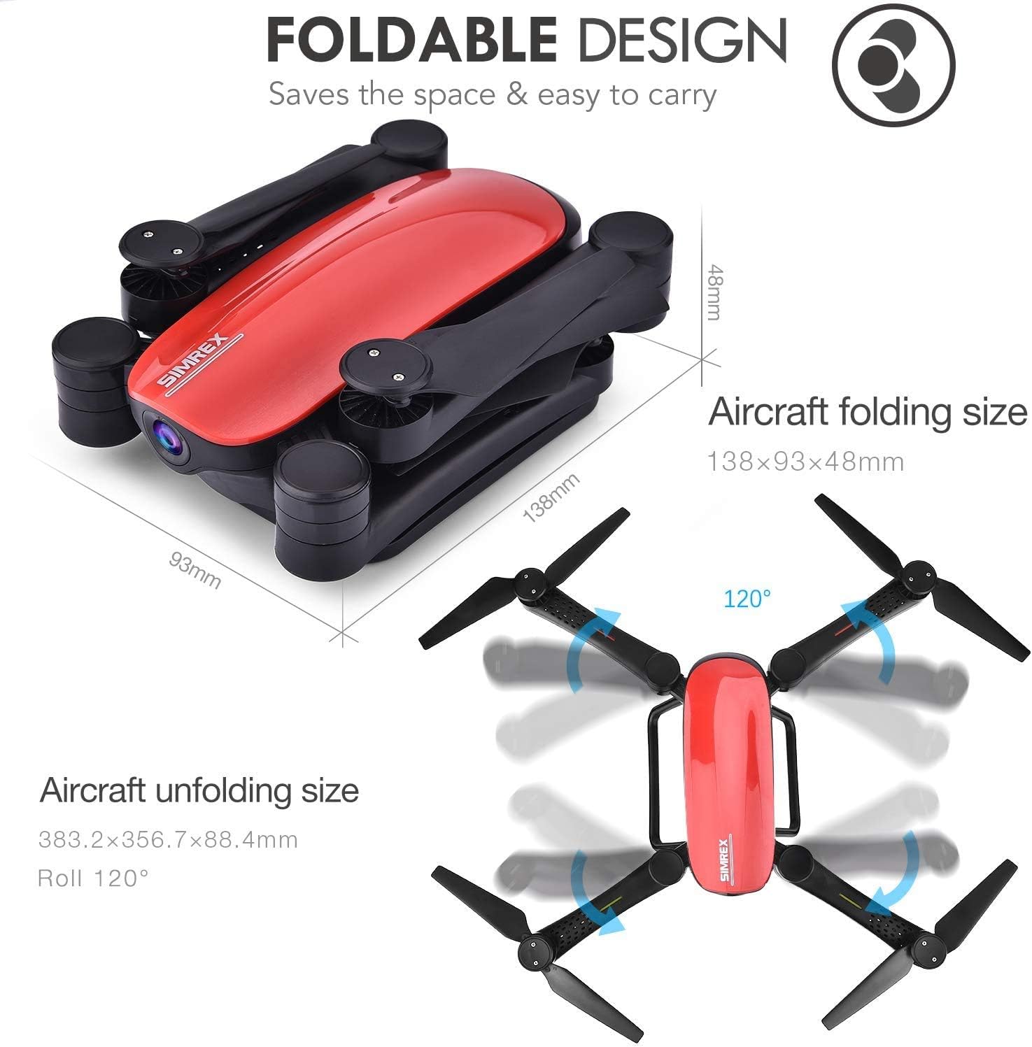 SIMREX X900 Drone in folded and unfolded states with dimensions