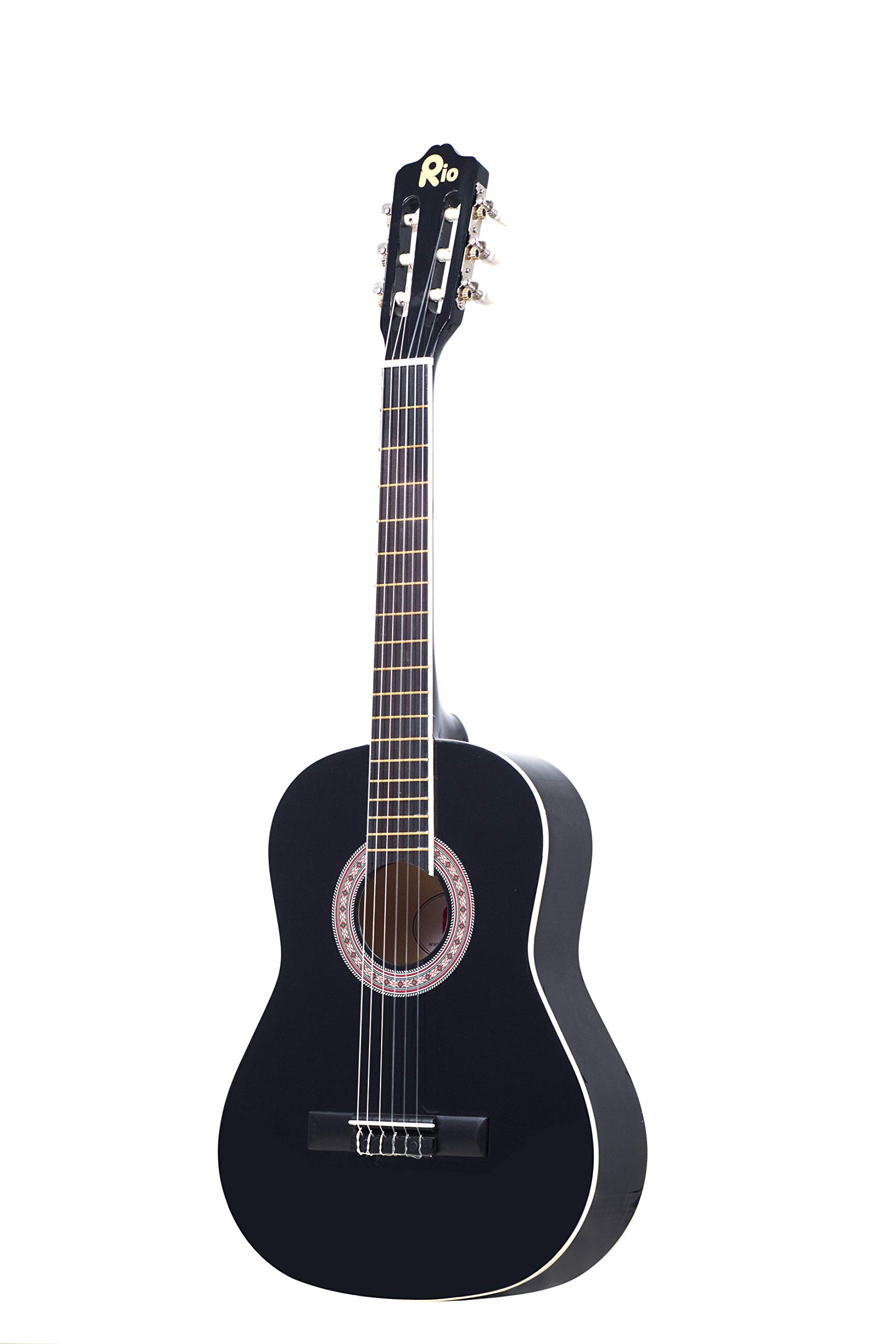 Rio Lot de guitare classique 3/4 pour débutants – Convient pour les enfants de 9 à 12 ans – Avec sac, sangle, médiators, tuyaux – Noir