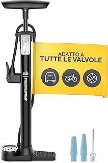 DANSI Pompa per bicicletta a pedale con valvole AV, SV, DV - Pompa ad aria per bicicletta con manometro grande, adattatori e serbatoio | Pompa per moto, bici elettrica, auto e articoli sportivi