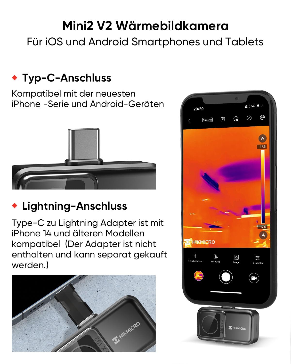 Wärmebildkamera HIKMICRO Mini2 V2 – iOS/Android, 256 x 192 IR-Auflösung, SuperIOR, 50° Weitwinkel, USB-C/Lightning (unterstützt iPhone 17)