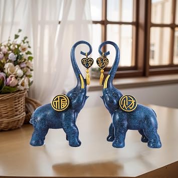 2Pcs Good Luck Elephant Statue Decorations, Elephant Decor for Shelf Coffee Table Home Decor Accents, Elephant Figurines Ornament Home Decorations for Living Room (Blue L)