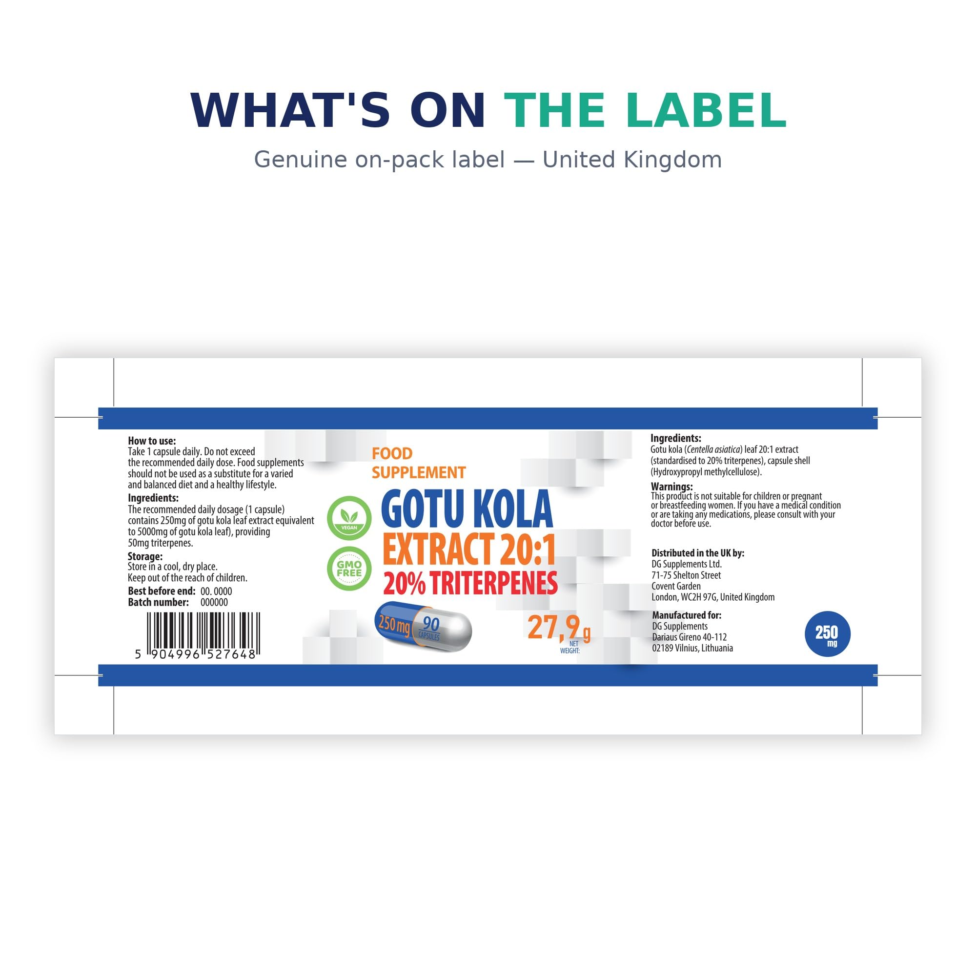 Hepatica Gotu Kola (Centella Asiatica) 5.000 mg Equivalente | Estratto 20:1 da 250 mg Standardizzato al 20% di Triterpeni | 90 Capsule Vegane | GMP & laboratorio indipendente