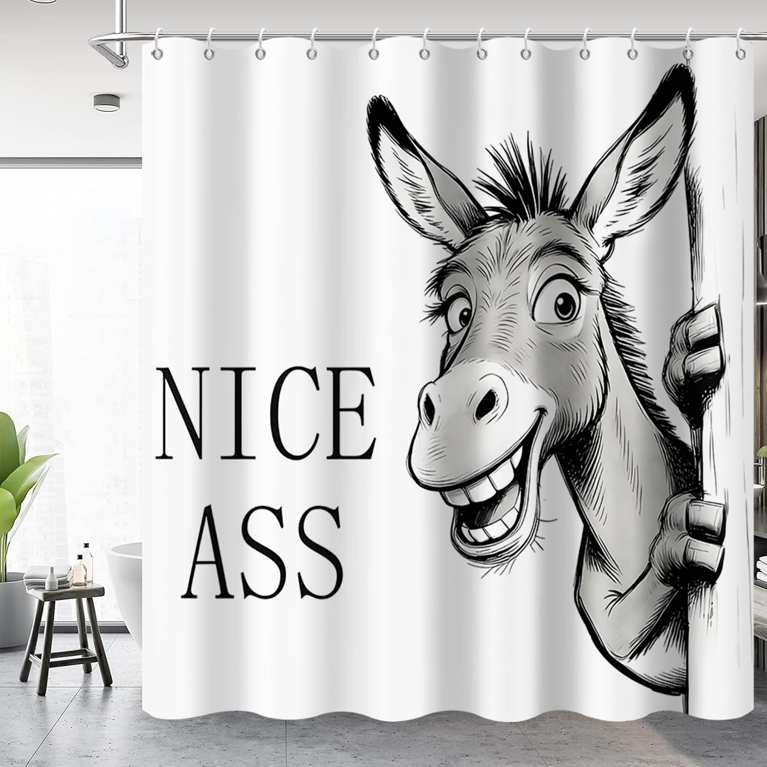 GCIREC Shower Curtain, 180x180cm, Funny Donkey Nice Ass Black and White Abstract Waterproof & Mould-Resistant Fabric Bathroom Curtain Machine Washable with Hooks — image 1