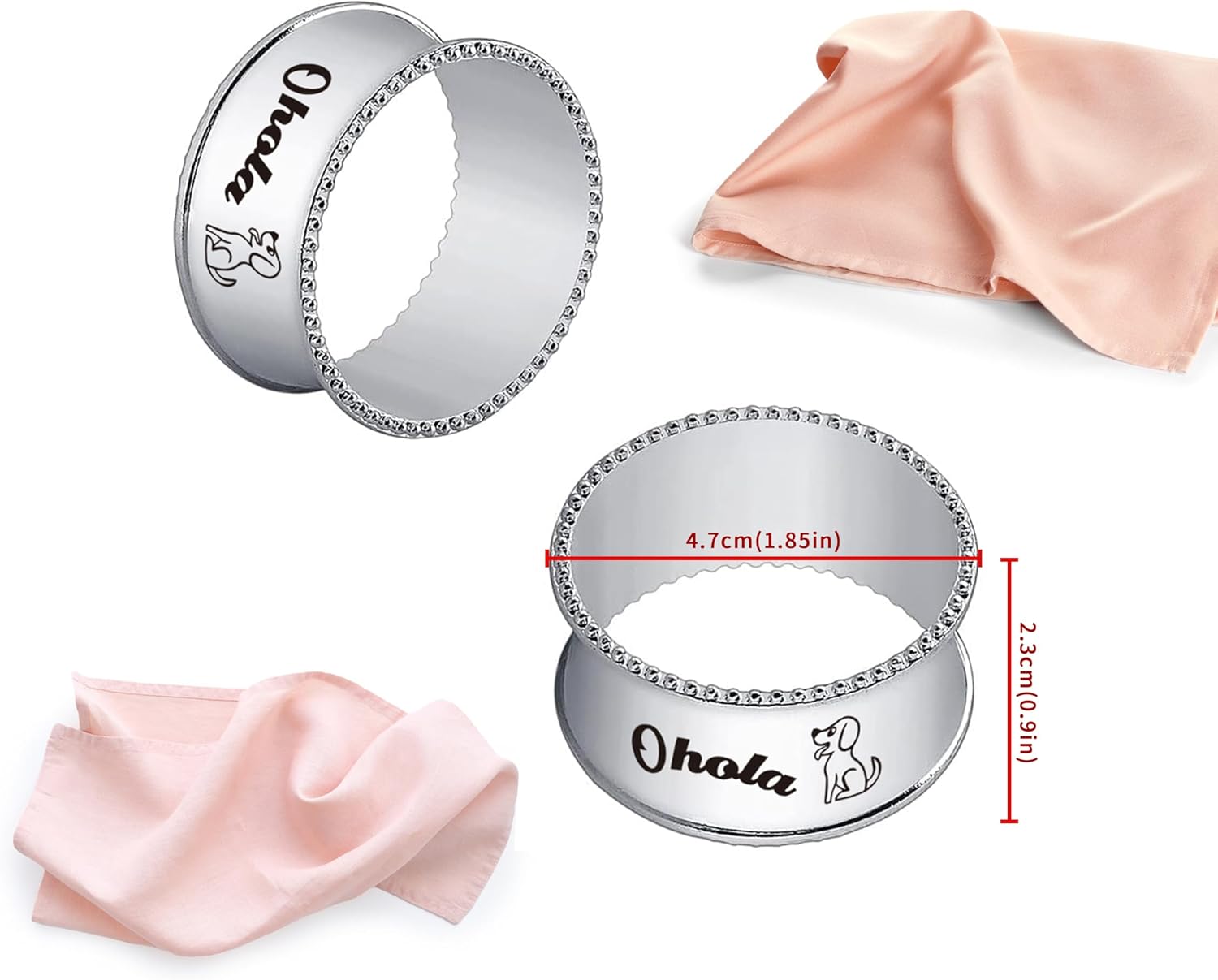 6 PCS Napkin Rings, Ohola Stainless Steel Silver Napkin Ring Set of 6 for Table Settings Kitchen Dinner Party Wedding (Stylish Dog Pattern)