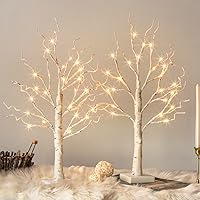 Vanthylit Set of 2 White Birch LED Trees - 2FT Tabletop Lights with Timer, Battery/USB Powered for Christmas, Holiday Mantel Decor