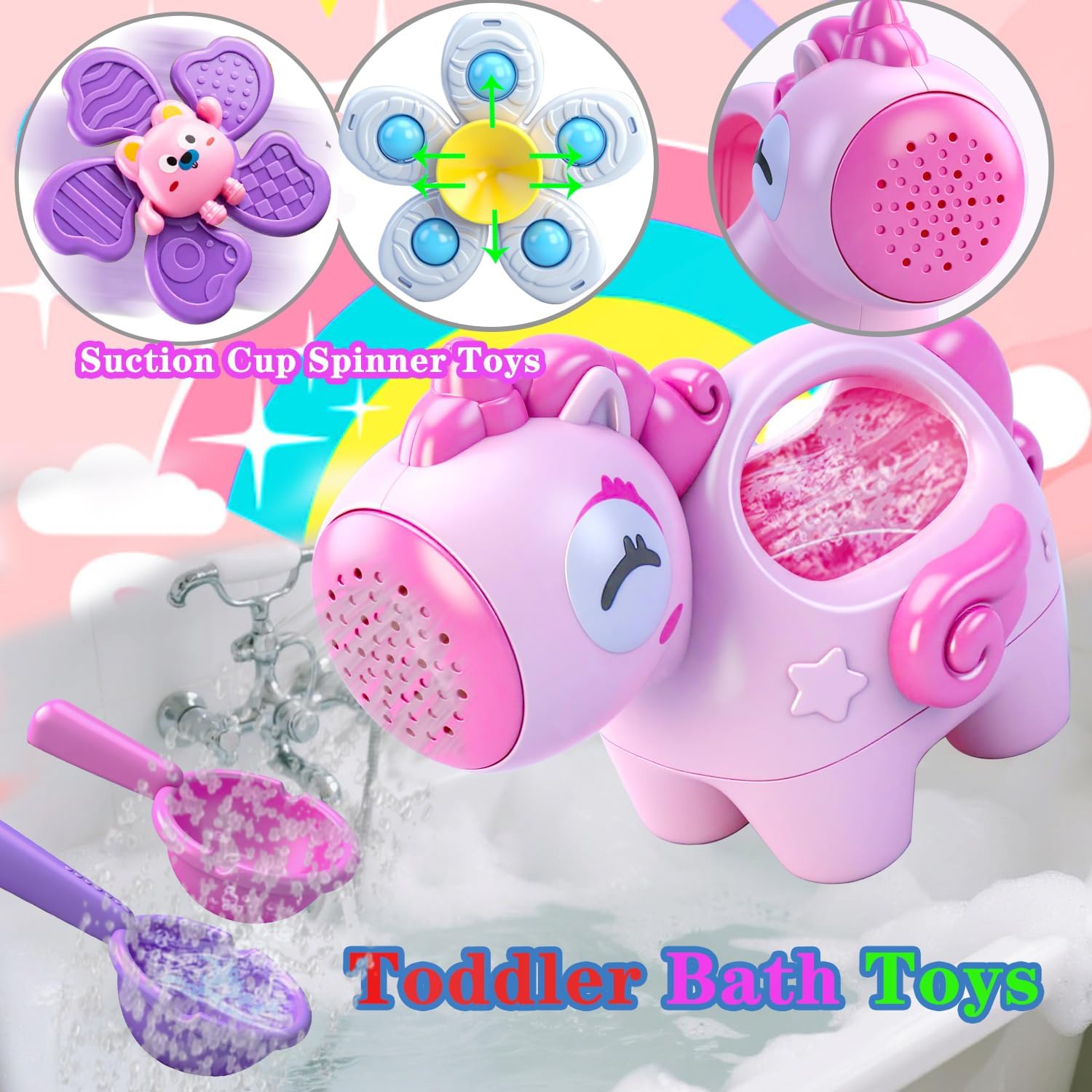 Baby Bath Toys for Kids Ages 1-3, Bathtub Toys for Babies 6-12-18 Months Toddlers, Suction Cup Spinner Toys & Unicorn Watering Can, Sand Beach Pool Water Table Toys for Infants Girls 1 2 3 4(Pink)
