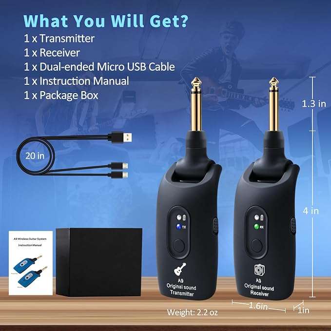 Sistema inalámbrico para guitarra recargable 2.4GHz A9 negro miniatura 8
