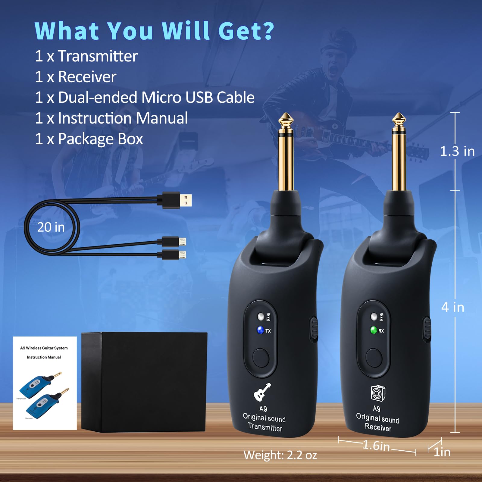 A9 Wireless Guitar System 2.4GHz 270°Rotate Audio Trasmettitore Wireless Ricevitore per Guitar Bass Violin Keyboard Electric Instruments (Nero, 1TX + 1RX)